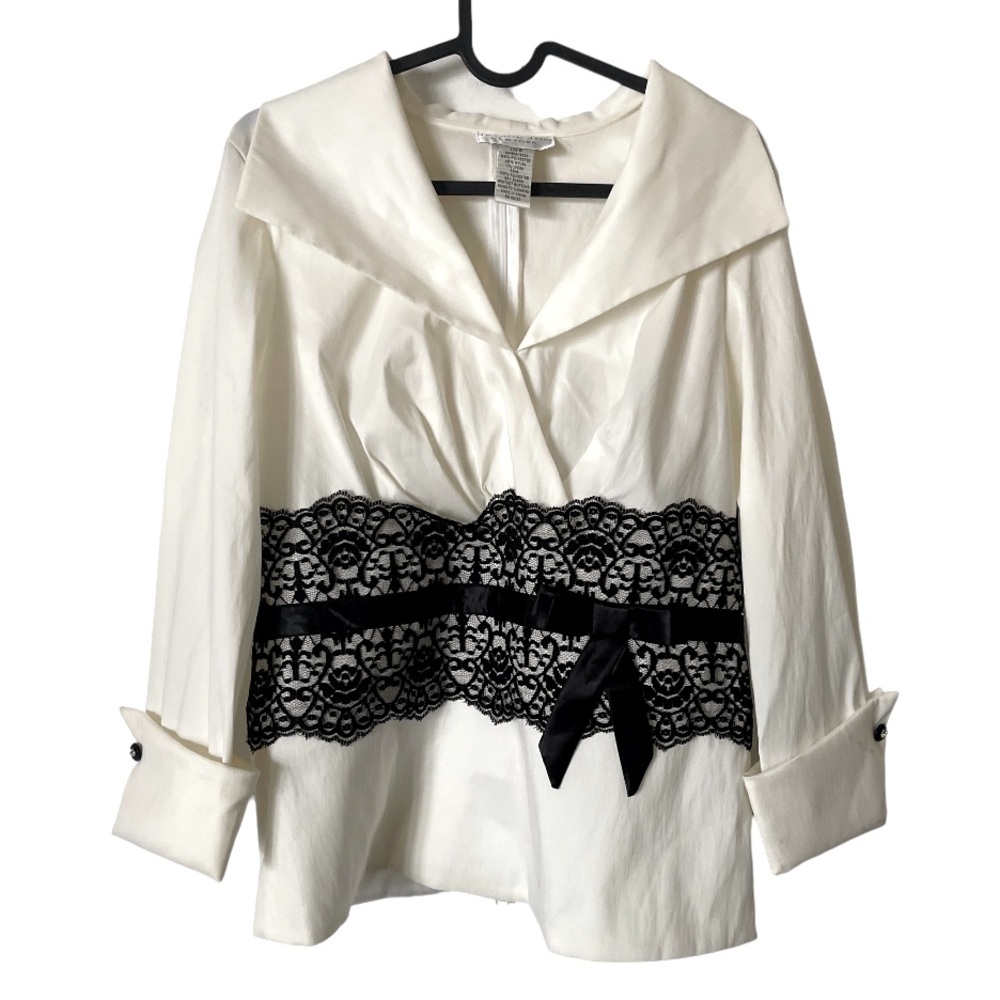 Jackie Jon New York Formal Cream‎ Blouse with Black Lace and Ribbon Waist Trim